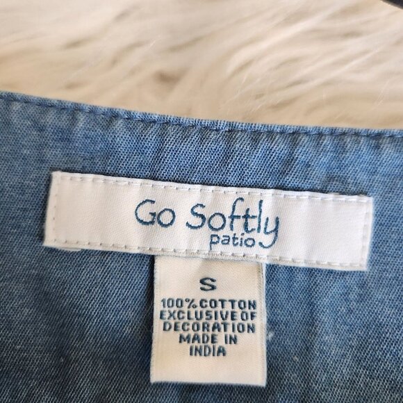 Go Softly Patio Dress Small Denim Chambray Muumuu Embroidery Jumper Prairie Midi - Picture 4 of 10